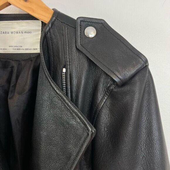 Zara Studio Women’s XS/S Black Goat Leather Motorcycle Jacket Oversized Rock - Picture 12 of 16